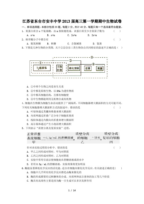江苏省东台市安丰中学2013届高三第一学期期中生物试卷