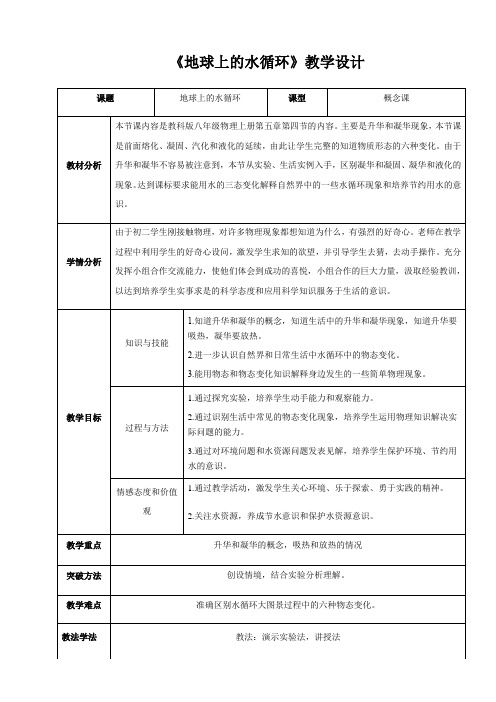 初中物理教育科学八年级上册(2023年新编) 物态变化教学设计地球上的水循环