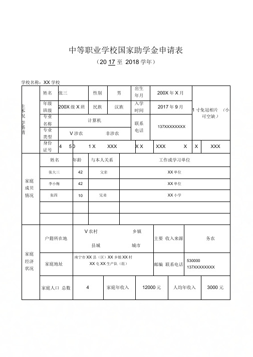 中等职业学校国家助学金申请表