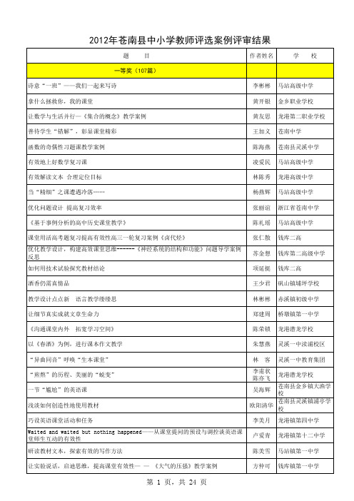 2012年苍南县教育教学案例评比结果