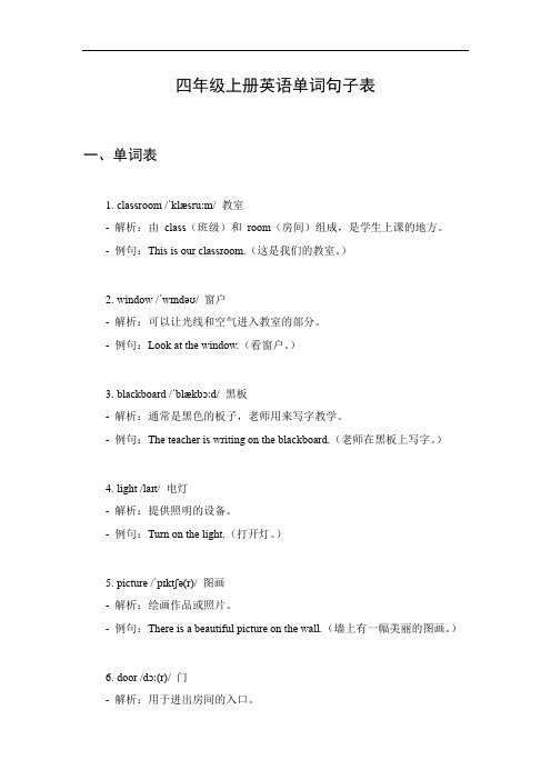 四年级上册英语单词句子表