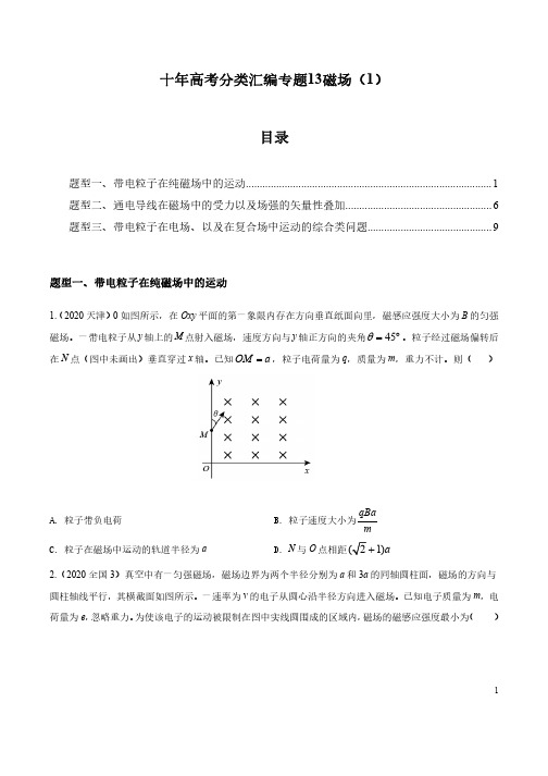 10年高考物理试题汇编含2020-13 磁场1(原卷版)