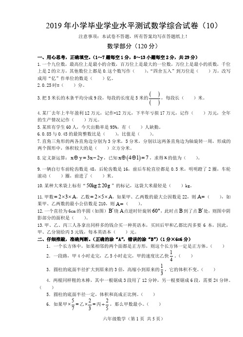 2019年小学毕业学业水平测试数学综合试卷(10)