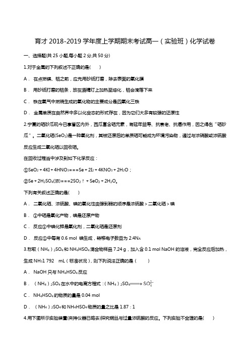 安徽省滁州市定远县育才学校2018-2019学年高一(实验班)上学期期末考试化学试题