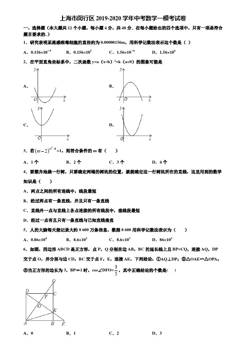 上海市闵行区2019-2020学年中考数学一模考试卷含解析