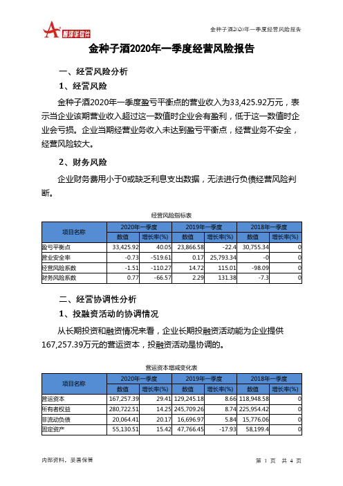 金种子酒2020年一季度经营风险报告
