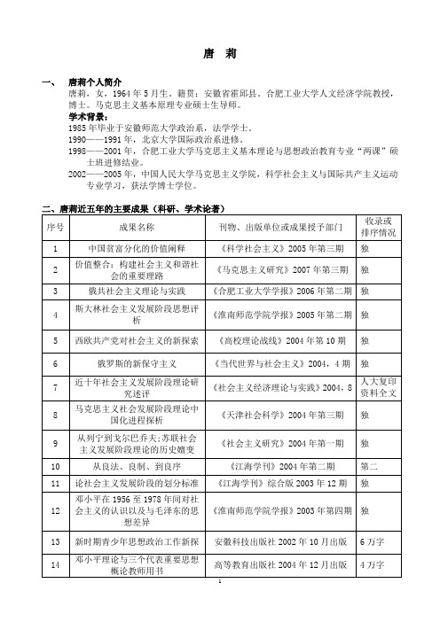 唐莉近五年取得的主要成果(科研、教学、学术论著)