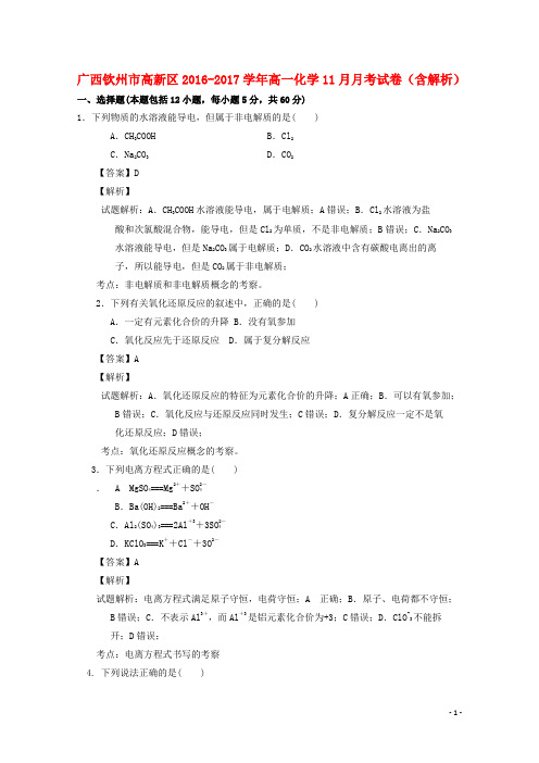 广西钦州市高新区高一化学11月月考试卷(含解析)
