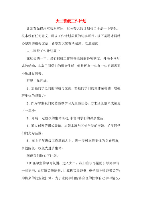 2020年大二班级工作计划