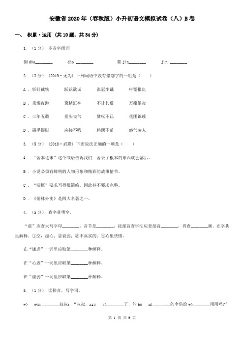安徽省2020年(春秋版)小升初语文模拟试卷(八)B卷