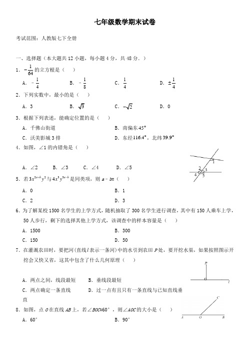 人教版七年级数学下学期期末试卷B卷(山东)