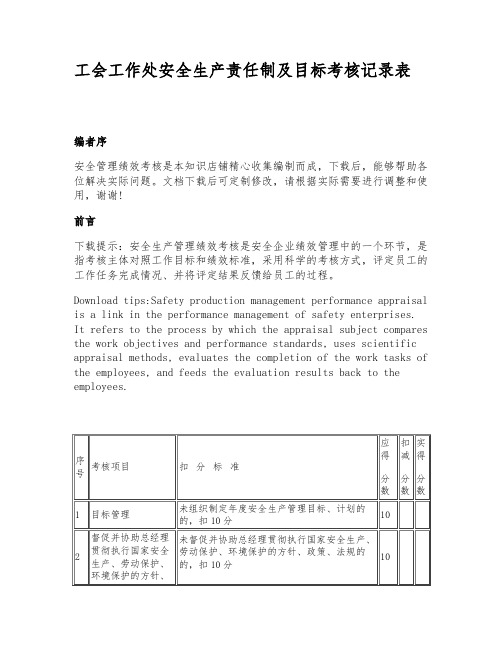 工会工作处安全生产责任制及目标考核记录表