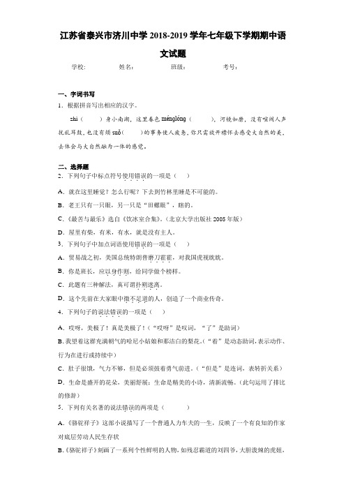 江苏省泰兴市济川中学2018~2019学年七年级下学期期中语文试题(含答案解析)