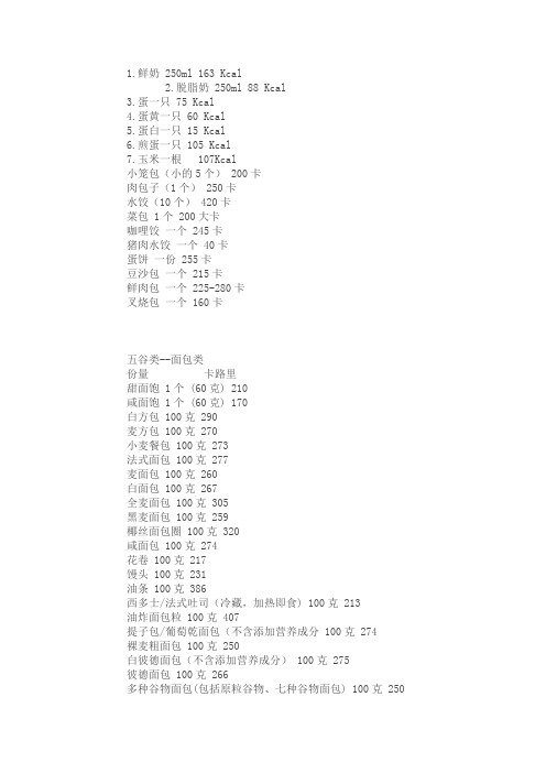 各种常见食物K卡里路对照表