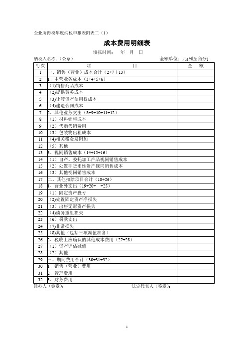 企业所得税年度纳税申报表附表二(1)成本费用明细表填报时间年月