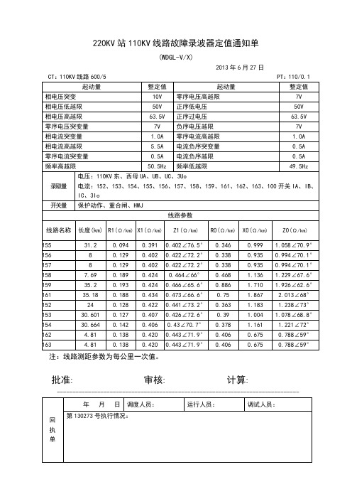 220KV站110KV线路故障录波器定值通知单