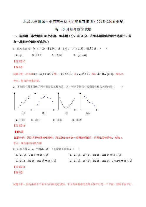 【全国百强校】北京大学附属中学河南分校(宇华教育集团)2015-2016学年高一3月月考数学试题