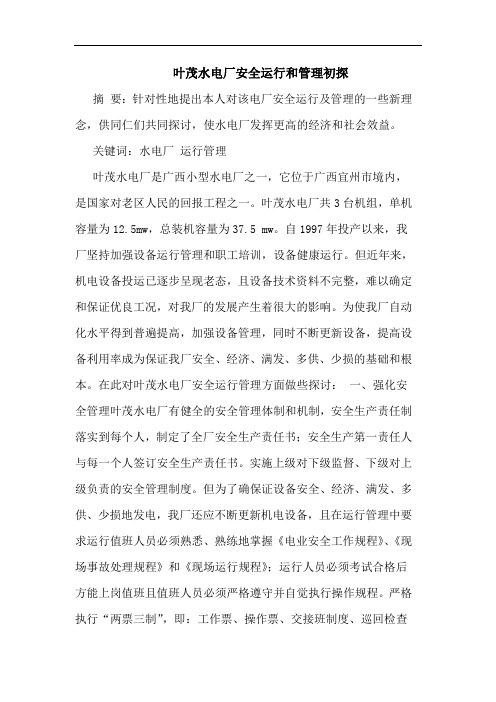 叶茂水电厂安全运行和管理初探