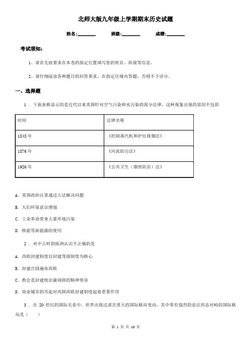 北师大版九年级上学期期末历史试题(模拟)