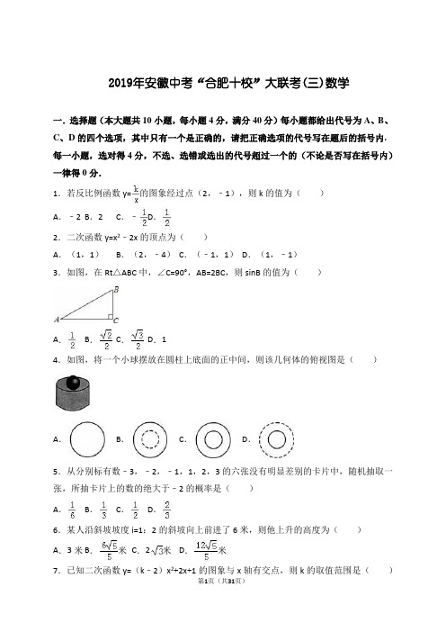  2019年安徽中考“合肥十校”大联考(三)数学