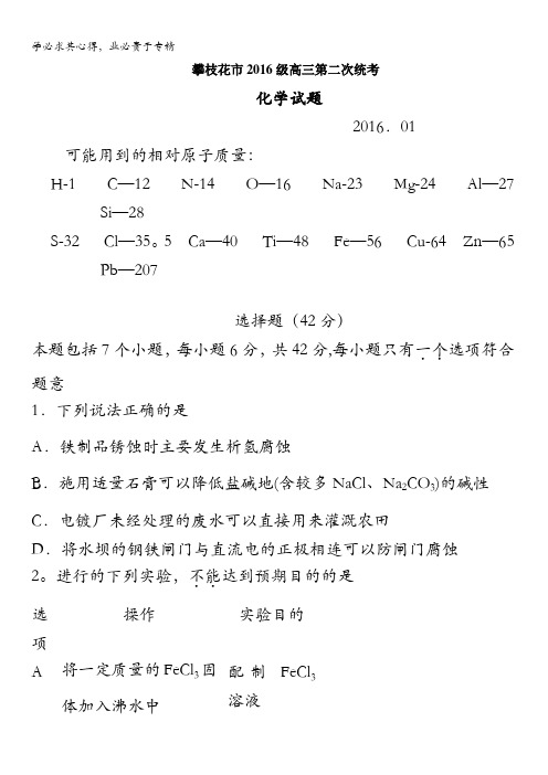 四川省攀枝花市2016届高三第二次统一考试化学试题 含答案