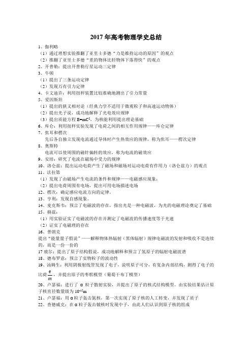 2017年高考物理学史总结(归纳整理版)