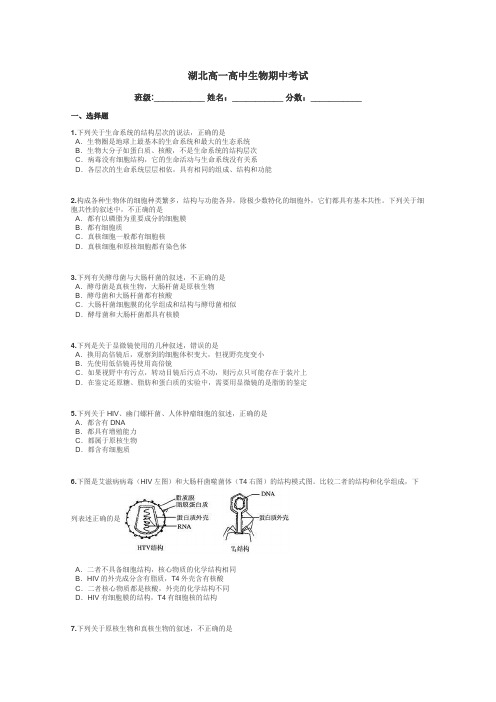 湖北高一高中生物期中考试带答案解析
