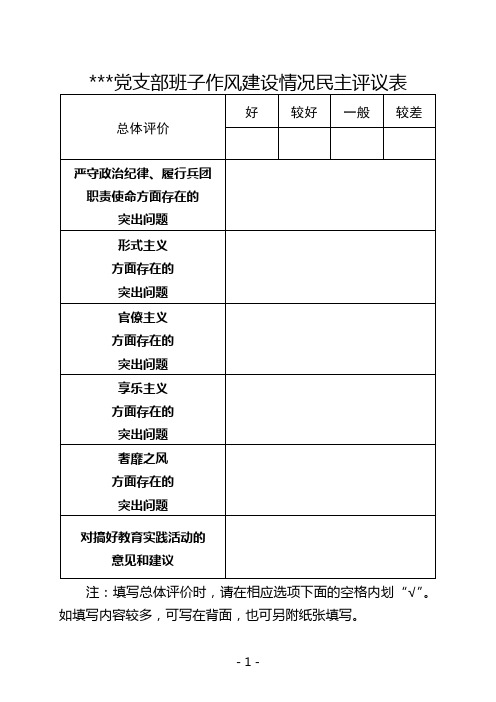 党支部班子作风建设情况民主评议表