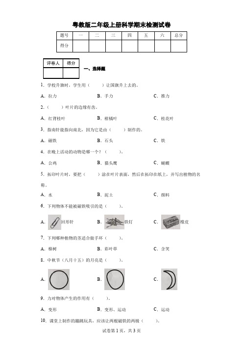 粤教版二年级上册科学期末检测试卷