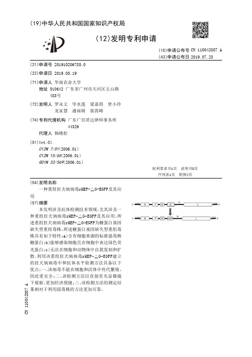【CN110042087A】一种重组狂犬病病毒rHEP△GEGFP及其应用【专利】