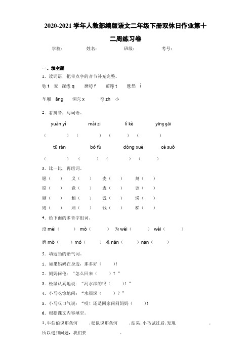 2020-2021学年人教部编版语文二年级下册双休日作业第十二周练习卷