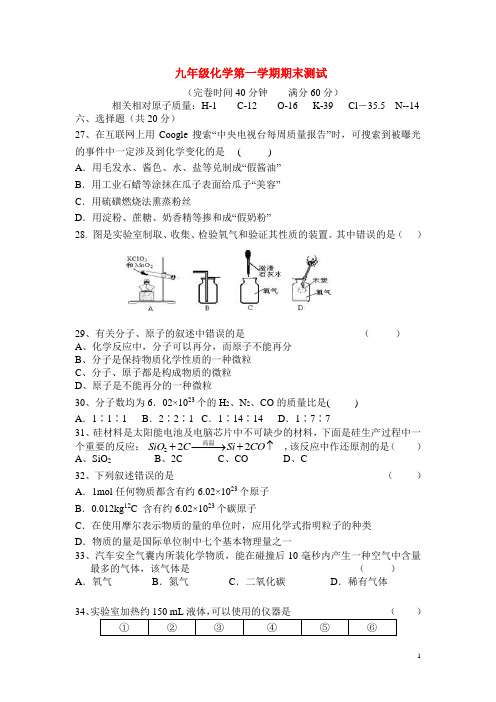 上海市奉贤区九年级化学第一学期期末测试附答案上教版