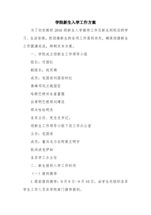 优秀计划方案范文：学院新生入学工作方案