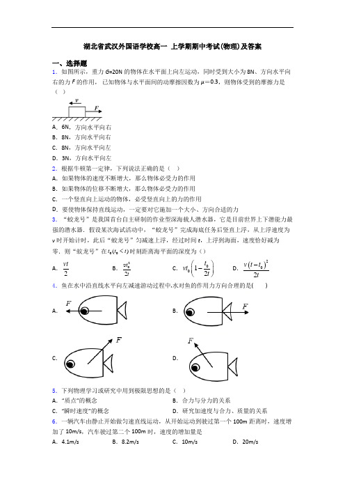 湖北省武汉外国语学校高一 上学期期中考试(物理)及答案
