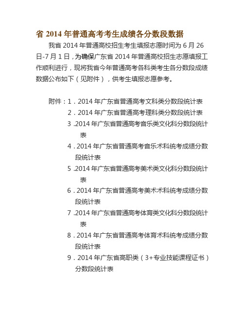 广东省2014年普通高考考生成绩各分数段数据