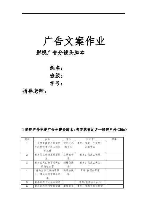 文案作业电视广告文案分镜头脚本