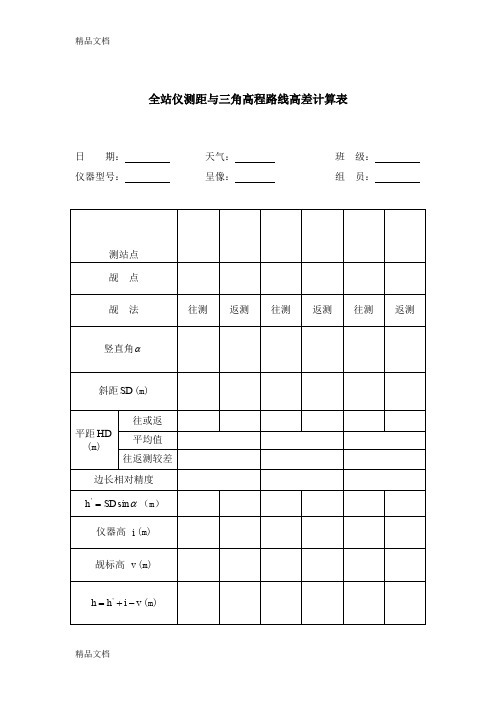 (整理)工程测量全站仪测距与三角高程路线高差计算表