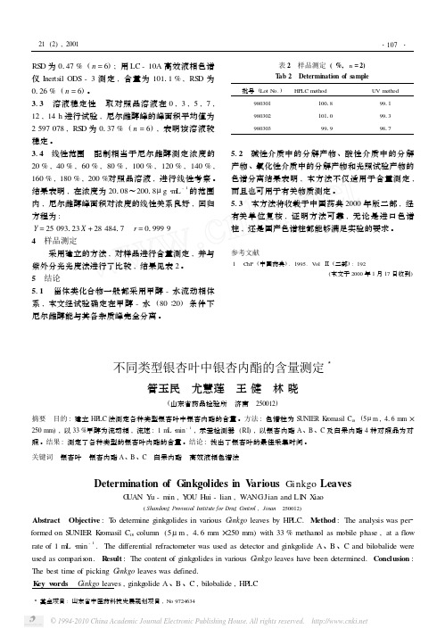 不同类型银杏叶中银杏内酯的含量测定