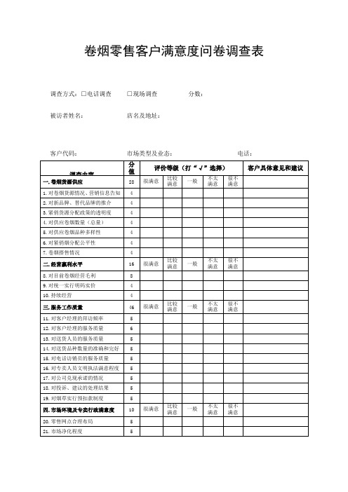 最新卷烟零售客户满意度问卷调查表