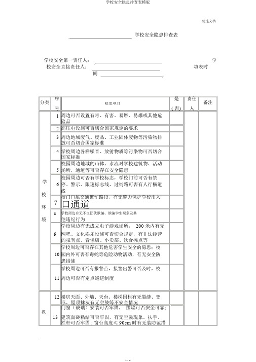 学校安全隐患排查表模版