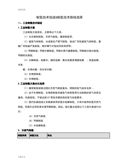 制氢技术比较及分析报告