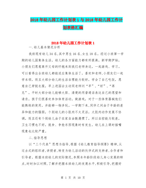 2018年幼儿园工作计划表1与2018年幼儿园工作计划表格汇编