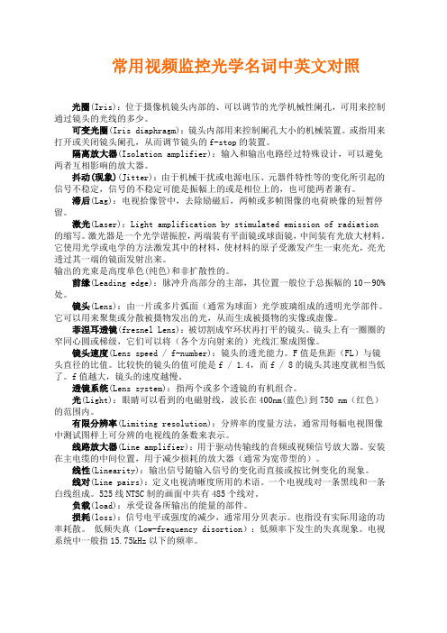 常用视频监控光学名词中英文对照