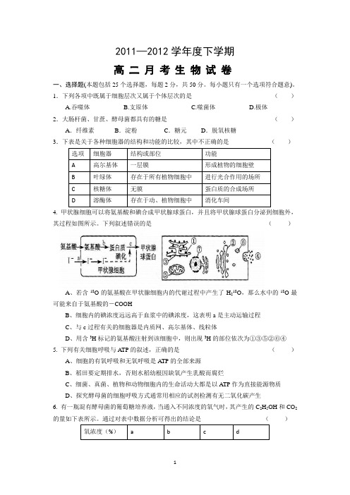 2011—2012学年度下学期高二月考生物试卷(必修二为主)