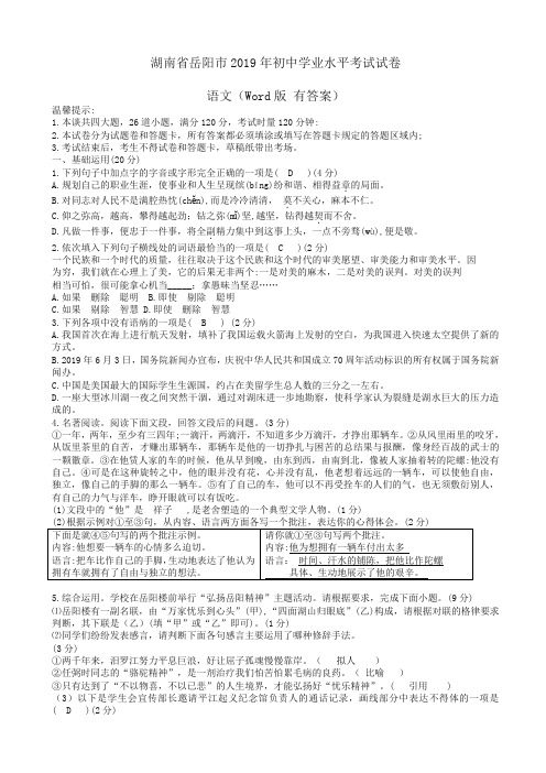 (推荐)【精选】湖南省岳阳市2019年中考语文试题(有答案)