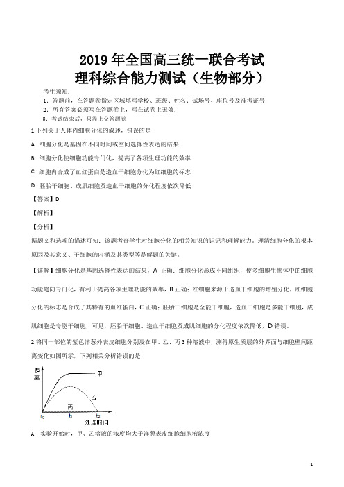 精品解析：河北省衡水中学2019届高三下学期统一联合考试理科综合生物试题(解析版)