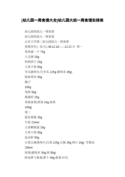 [幼儿园一周食谱大全]幼儿园大班一周食谱安排表