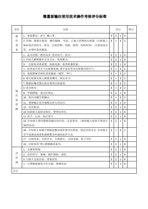 微量泵输注使用技术操作考核评分标准