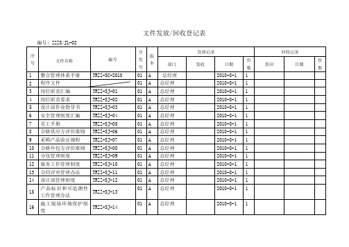 表-02文件发放。收回登记表