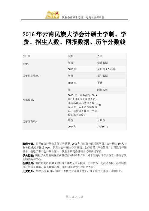 2016年云南民族大学会计硕士学制、学费、招生人数、网报数据、历年分数线